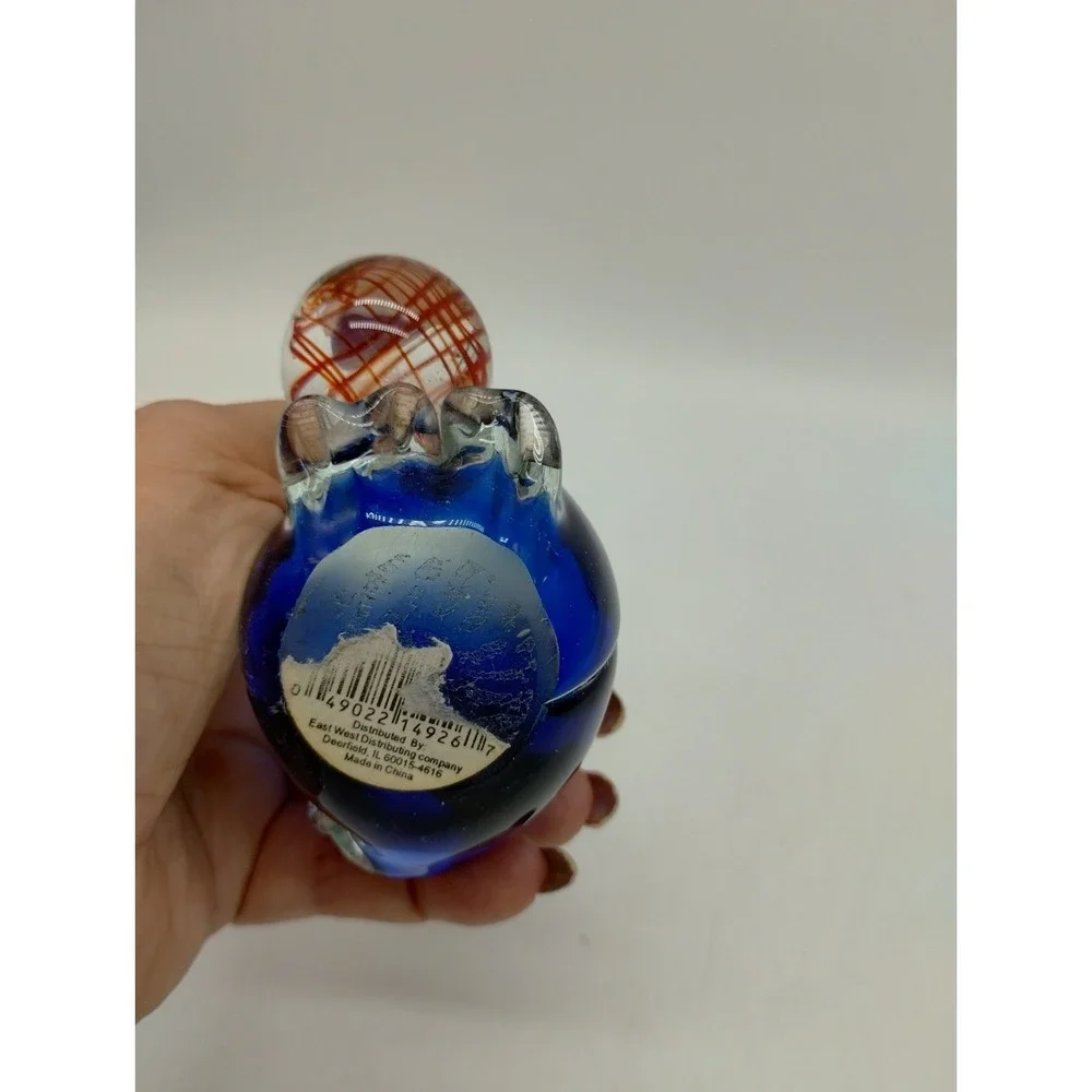 Art Glass Cat Kitten Figurine Paperweight Clear w/ Cobalt Blue Orange Ball Yarn